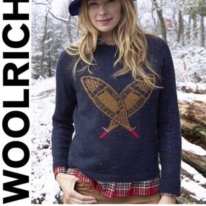 Woolrich Navy Sweater with Brown Snowshoe Motif and Red Accents
